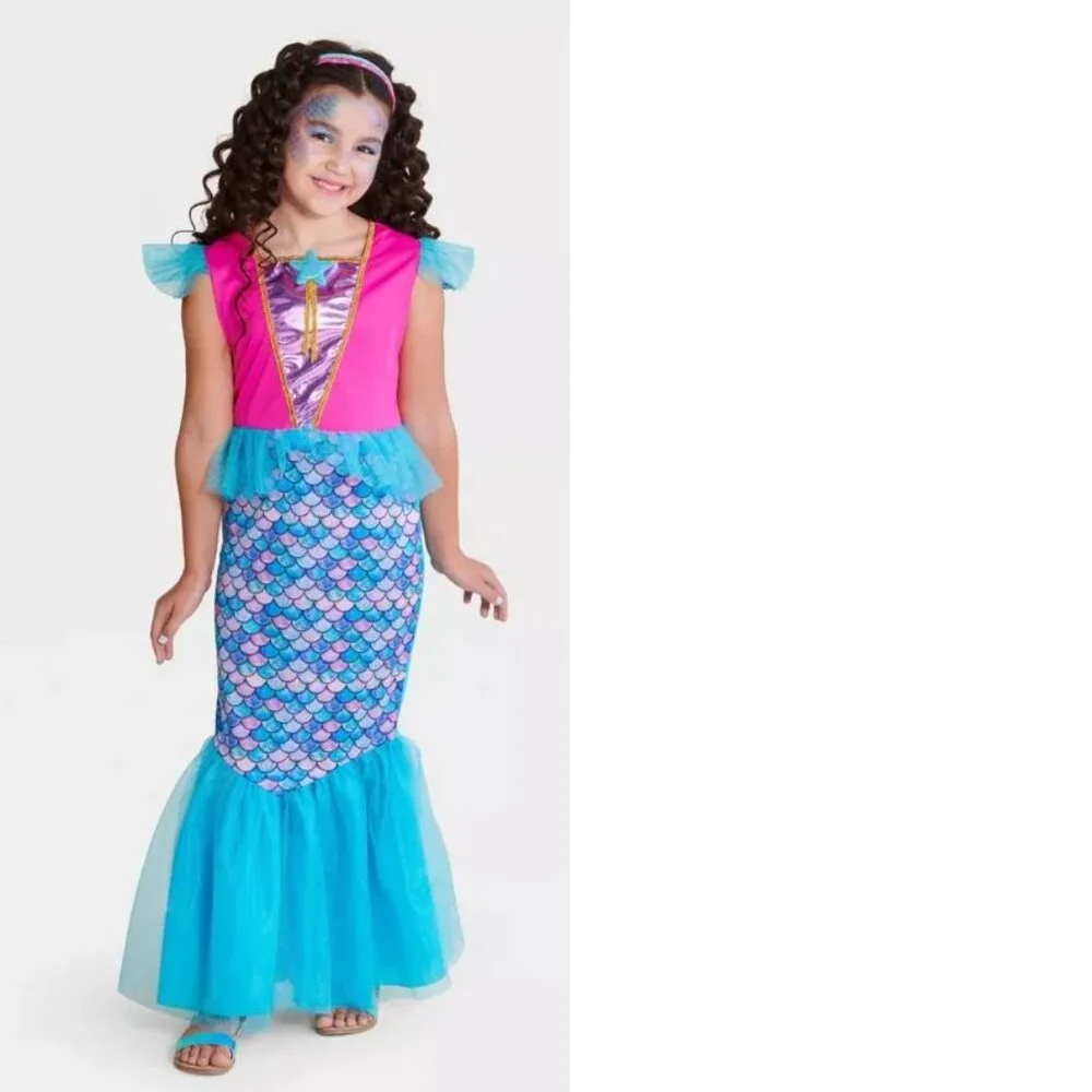 Mermaid Mystical Waters Halloween Costume 4/6 Dress, Headband, Face Gems Girls